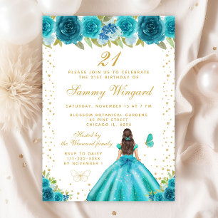 Teal Floral Brunette Hair Princess Birthday Party Invitation