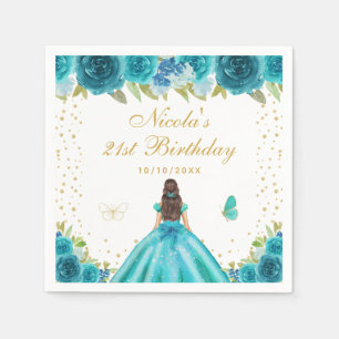 Teal Floral Brunette Hair Princess Birthday Party Napkins