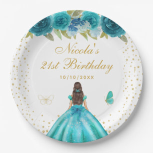 Teal Floral Brunette Hair Princess Birthday Party Paper Plates