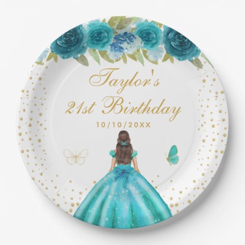 Teal Floral Brunette Hair Princess Birthday Party Paper Plates