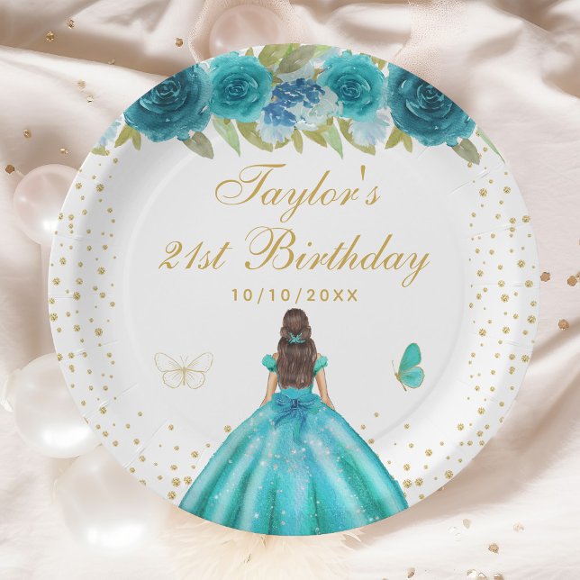 Teal Floral Brunette Hair Princess Birthday Party Paper Plates (Creator Uploaded)