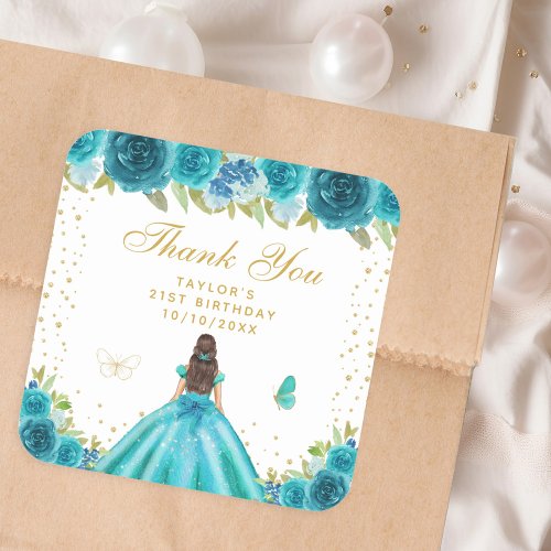 Teal Floral Brunette Hair Princess Birthday Party Square Sticker