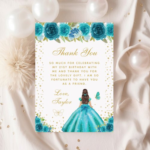 Teal Floral Brunette Hair Princess Birthday Party Thank You Card