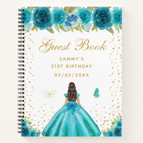 Teal Floral Brunette Hair Princess Guest Book