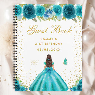 Teal Floral Brunette Hair Princess Guest Book
