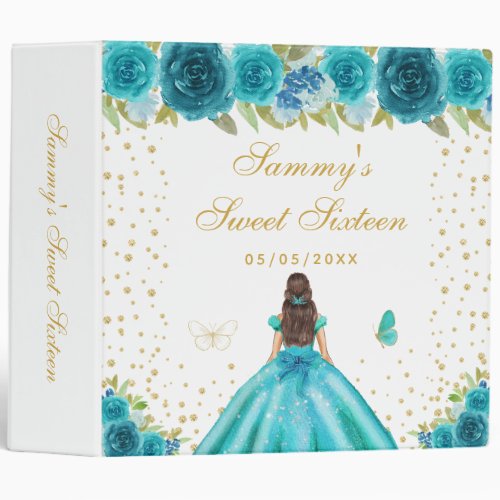 Teal Floral Brunette Hair Princess Sweet Sixteen 3 Ring Binder