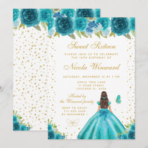 Teal Floral Brunette Hair Princess Sweet Sixteen Invitation