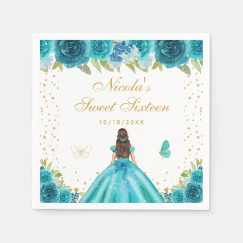 Teal Floral Brunette Hair Princess Sweet Sixteen Napkins