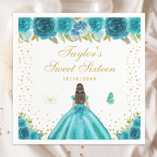 Teal Floral Brunette Hair Princess Sweet Sixteen Napkins