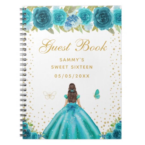 Teal Floral Brunette Hair Princess Sweet Sixteen Notebook