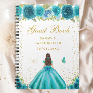 Teal Floral Brunette Hair Princess Sweet Sixteen Notebook