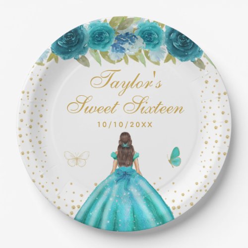 Teal Floral Brunette Hair Princess Sweet Sixteen Paper Plates