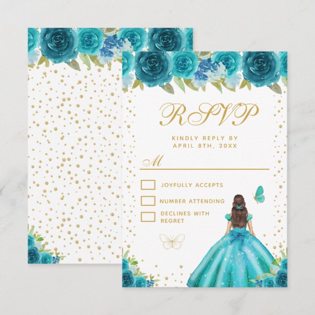 Teal Floral Brunette Hair Princess Sweet Sixteen RSVP Card (Front/Back)