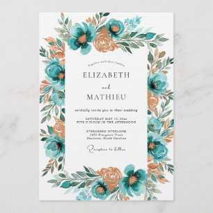 Teal Floral Brushstroke Romance Wedding Invitation
