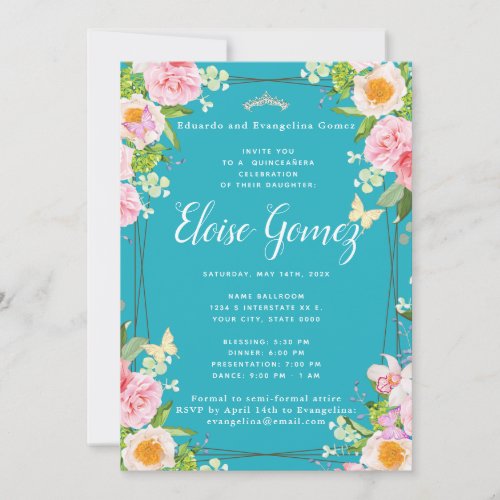 Teal Floral Butterfly Quinceanera Invitation