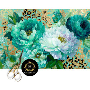 Teal Floral Cheetah Print Decoupage Tissue Paper
