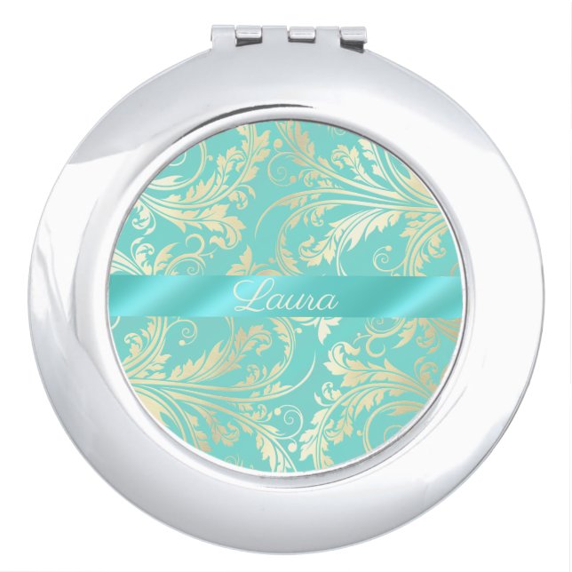 Teal Floral Compact mirror for the Bride (Front)
