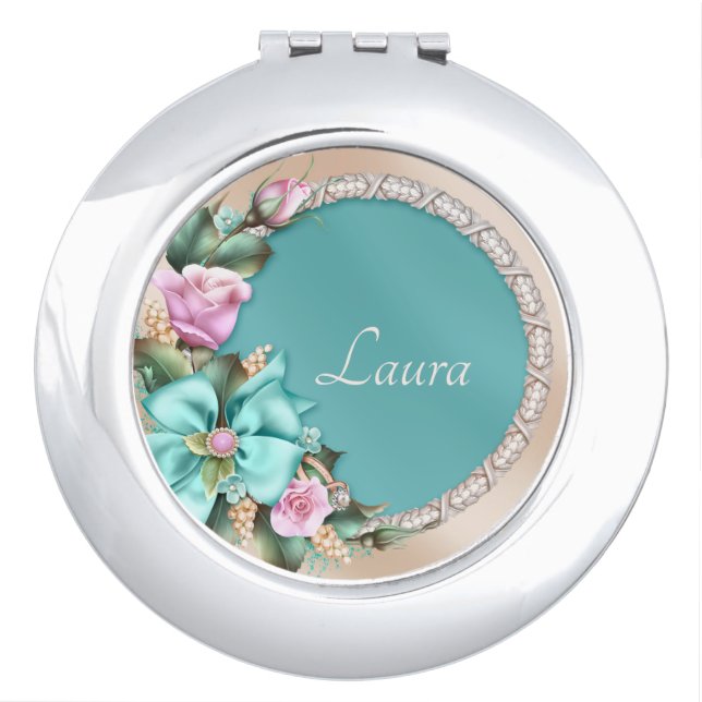 Teal Floral Compact mirror for the Bride (Front)