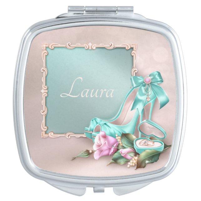 Teal Floral Compact mirror for the Bride (Front)