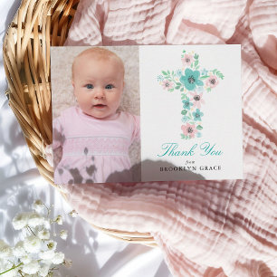 Teal Floral Cross Baptism / Christening Thank You Postcard