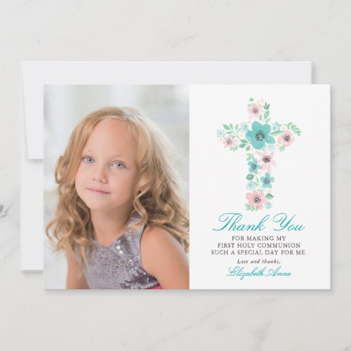 Teal Floral Cross First Holy Communion Thank You