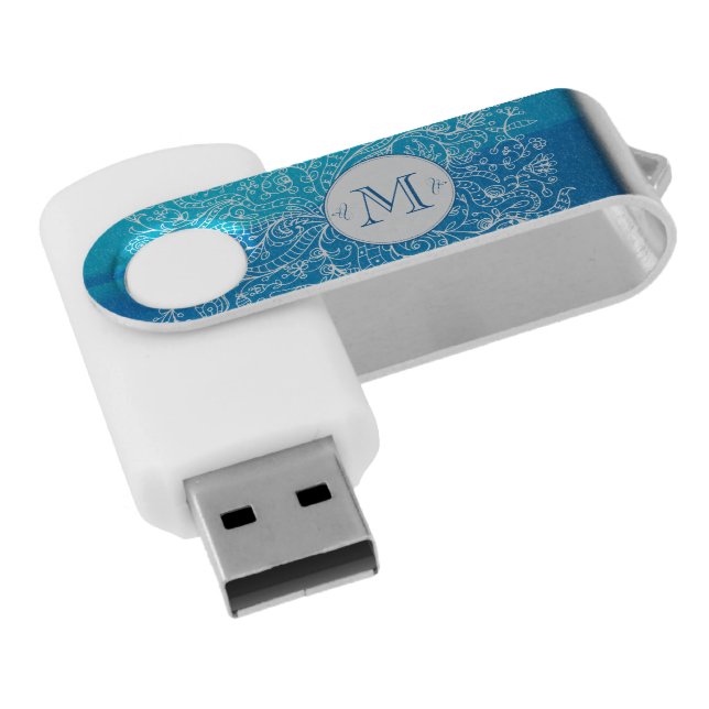 Teal Floral Custom Monogram Swivel USB Drive (Angled)