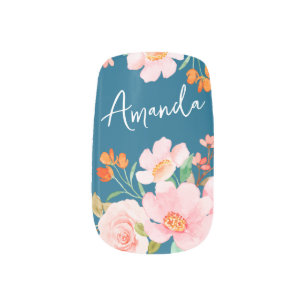 Teal Floral Custom Name Minx Nail Art