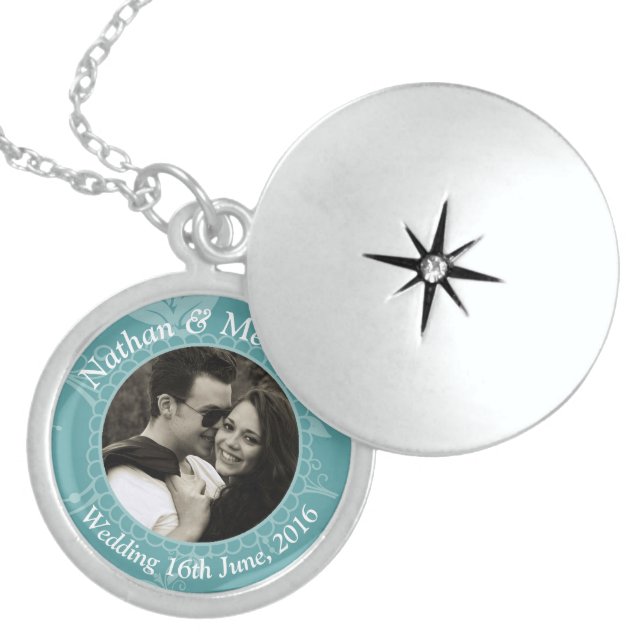 Teal Floral Custom Photo Wedding Keepsake Locket Necklace (Front)