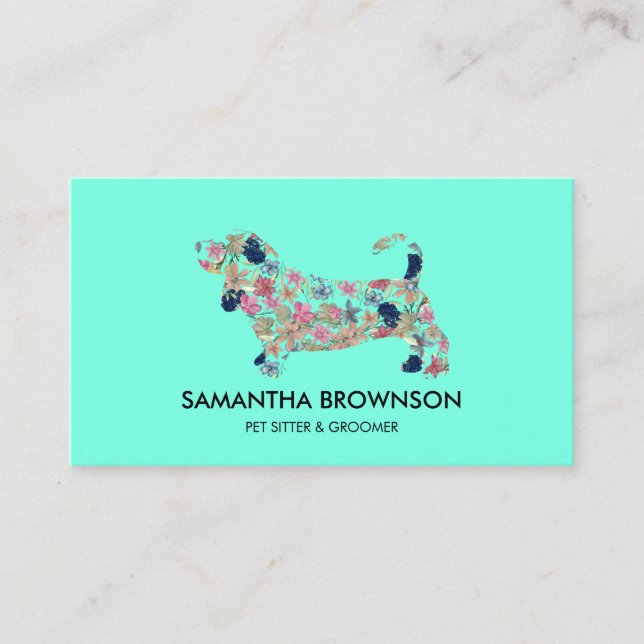 Teal Floral Dachshund Dog Pet Sitting Business Card (Front)