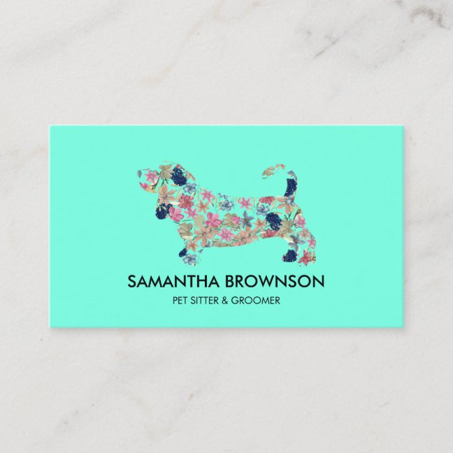 Teal Floral Dachshund Dog Pet Sitting Business Card
