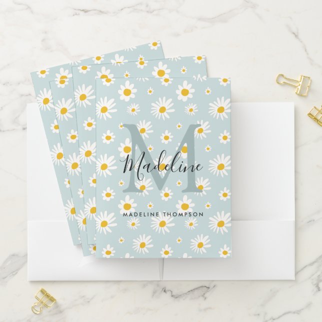 Teal Floral Daisy Flower Monogram Pocket Folder (In Situ)
