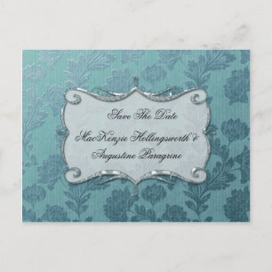 Teal Floral Damask Save The Date Announcement Postcard