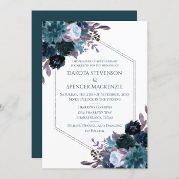 Teal Floral | Dark Moody Geometric Frame Wedding Invitation