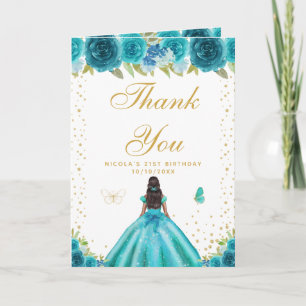 Teal Floral Dark Skin Girl Birthday Letterpress Thank You Card