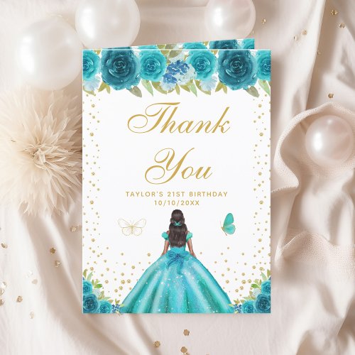 Teal Floral Dark Skin Girl Birthday Party Thank You Card