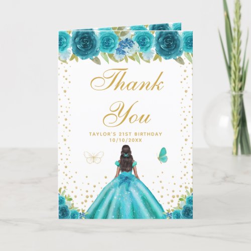 Teal Floral Dark Skin Girl Birthday Party Thank You Card