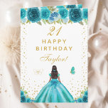 Teal Floral Dark Skin Girl Happy Birthday Card<br><div class="desc">This elegant and glamorous birthday card can be personalized with a name or title such as daughter, granddaughter, niece, friend etc. The design features a beautiful princess with dark hair and dark skin in a teal blue ball gown. The text combines handwritten script and modern sans serif fonts for a...</div>