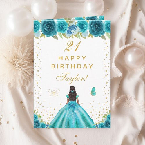 Teal Floral Dark Skin Girl Happy Birthday Card