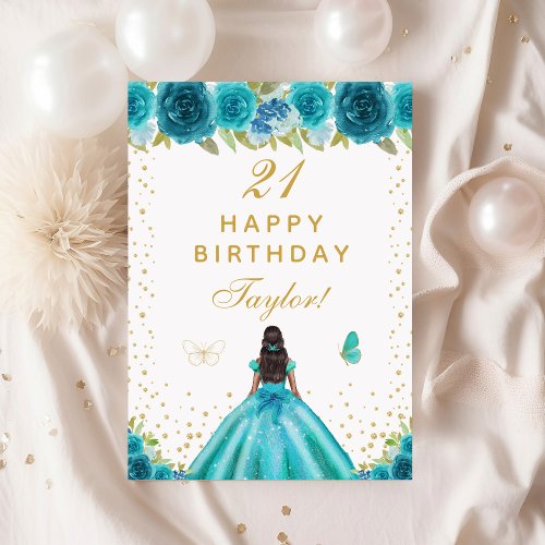 Teal Floral Dark Skin Girl Happy Birthday Card