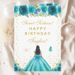 Teal Floral Dark Skin Girl Sweet Sixteen Card<br><div class="desc">This elegant and glamorous sweet sixteen birthday card can be personalized with a name or title such as daughter, granddaughter, niece, friend etc. The design features a beautiful princess with dark hair and dark skin in a teal blue ball gown. The text combines handwritten script and modern sans serif fonts...</div>