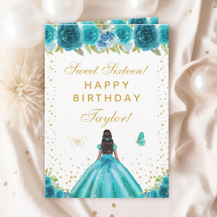 Teal Floral Dark Skin Girl Sweet Sixteen Card