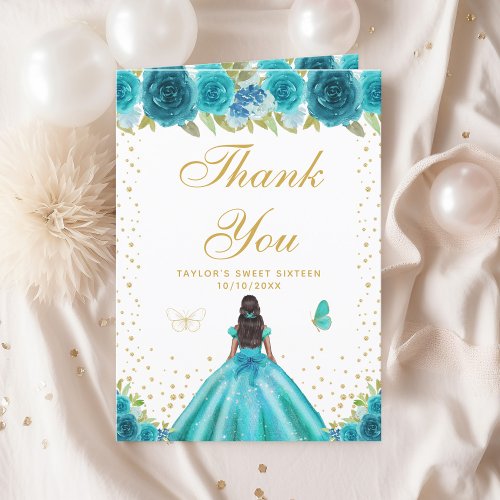 Teal Floral Dark Skin Girl Sweet Sixteen Thank You Card