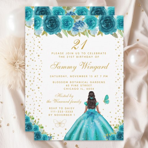 Teal Floral Dark Skin Princess Birthday Party Invitation