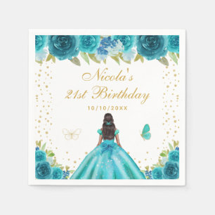 Teal Floral Dark Skin Princess Birthday Party Napkins