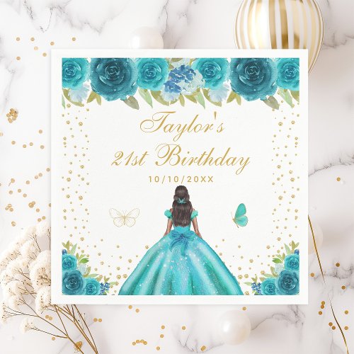 Teal Floral Dark Skin Princess Birthday Party Napkins