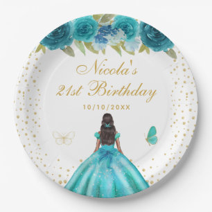 Teal Floral Dark Skin Princess Birthday Party Paper Plates