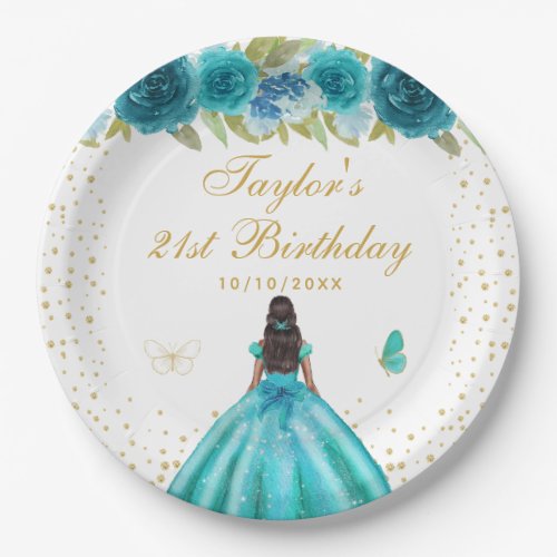 Teal Floral Dark Skin Princess Birthday Party Paper Plates