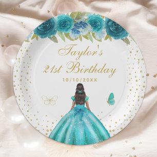 Teal Floral Dark Skin Princess Birthday Party Paper Plates