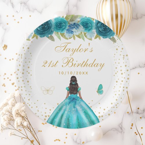 Teal Floral Dark Skin Princess Birthday Party Paper Plates