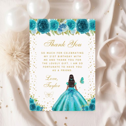 Teal Floral Dark Skin Princess Birthday Party Thank You Card